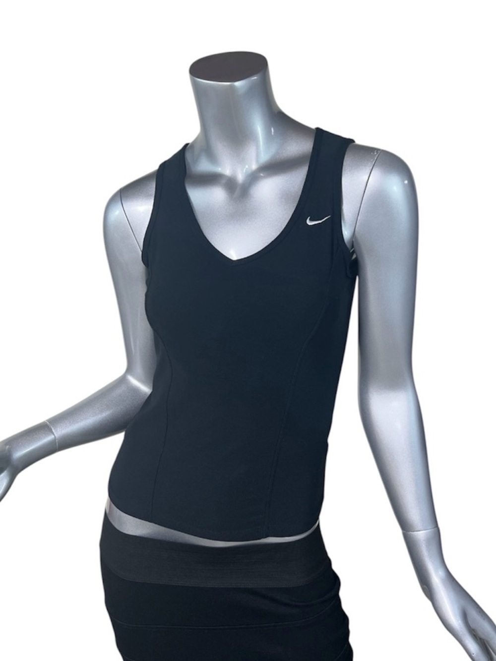 Nike Women’s Small Black V Neck Athletic Stretch Tank Top White Embroidered Logo